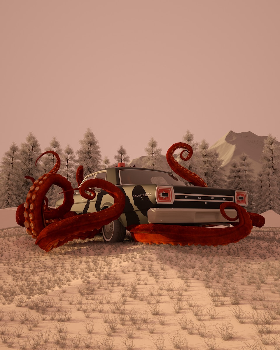 a car with an octopus on the hood